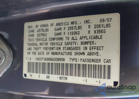 2008 Honda Accord 3.5 Ex-L из США, поврежденный, VIN 1HGCP36888A008958